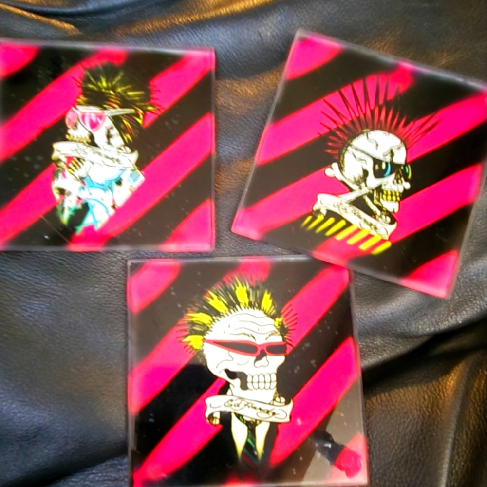 Ed Hardy Glass Skull Coasters - Pink and Black